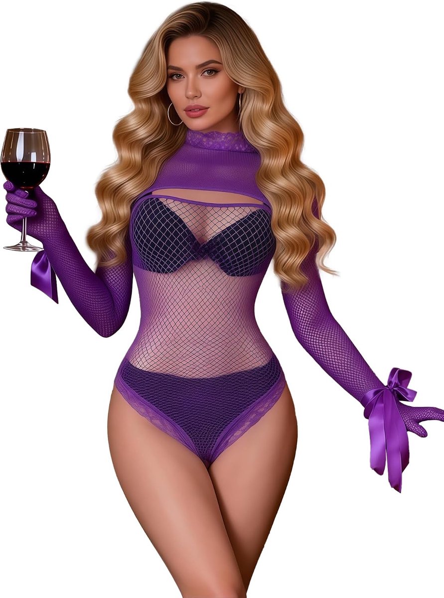 2-delige body netstof lange mouwen bodystocking grote maat XS-5XL met handschoenen set lingerie transparant sexy overall top kant outfit club libertin curvy visnet bodysuit, Paars, L-XXL