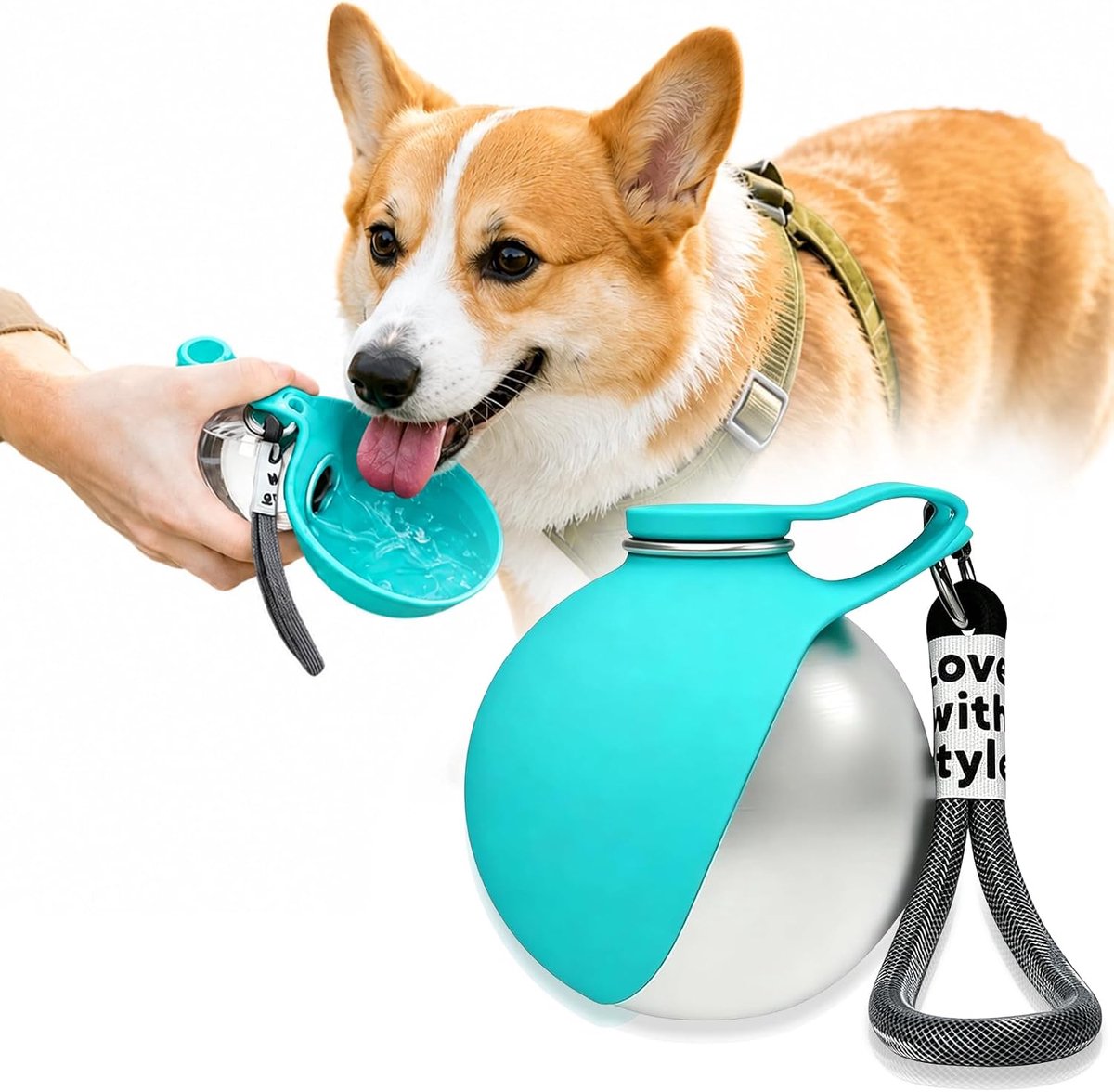 Drinkfles voor honden, 285 ml, drinkfles voor wandelingen met opvouwbare siliconen bak, draagbare waterfles van roestvrij staal voor honden, voor reizen, kamperen, lekvrij