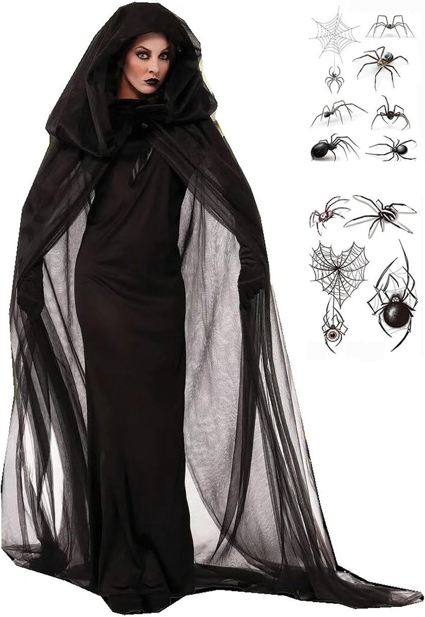 heksenkostuum voor dames, vampier, lange jurk, horror, zwarte spookbruid, boze koningin, kostuum, cape, carnavalskostuum, outfits voor volwassenen