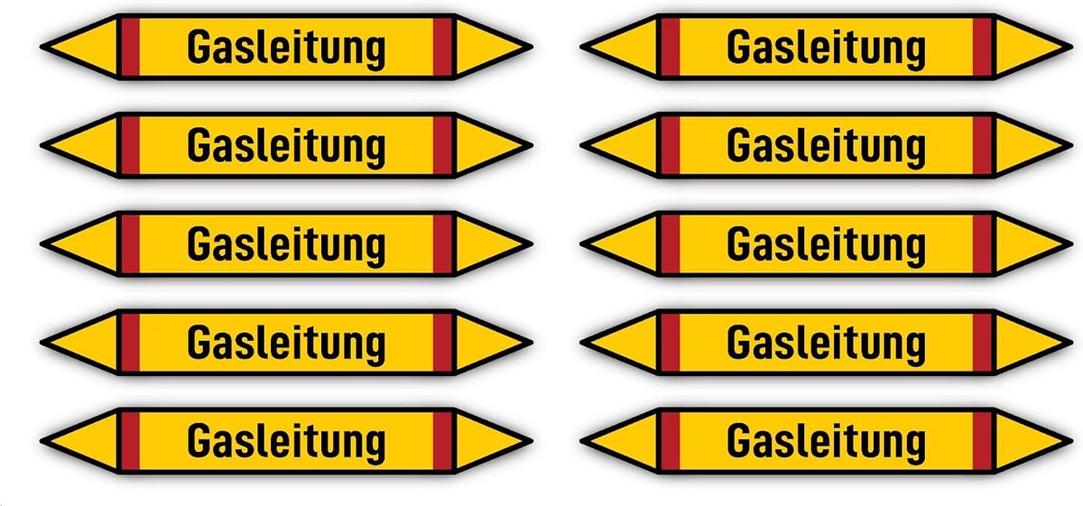 100x15 mm, 10 stuks - groep 4 - brandbare gassen - pijpleidingmarkering - volgens DIN 2403 - taal: Duits - gasleiding