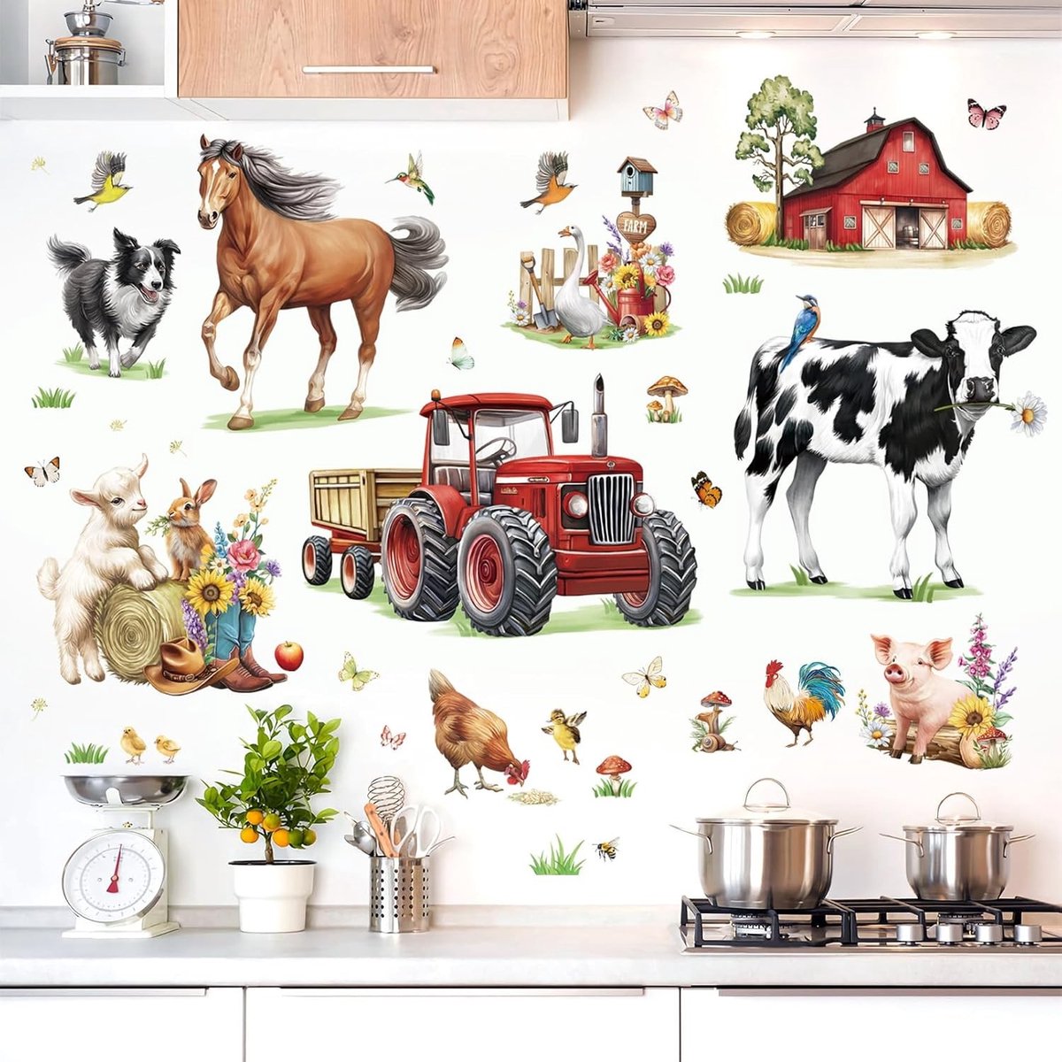 Muurstickers keuken - Boerderijdieren Design - 30cm x 90cm - Zelfklevend en Waterdicht - Voor Muurdecoratie in Woonkamer en Slaapkamer