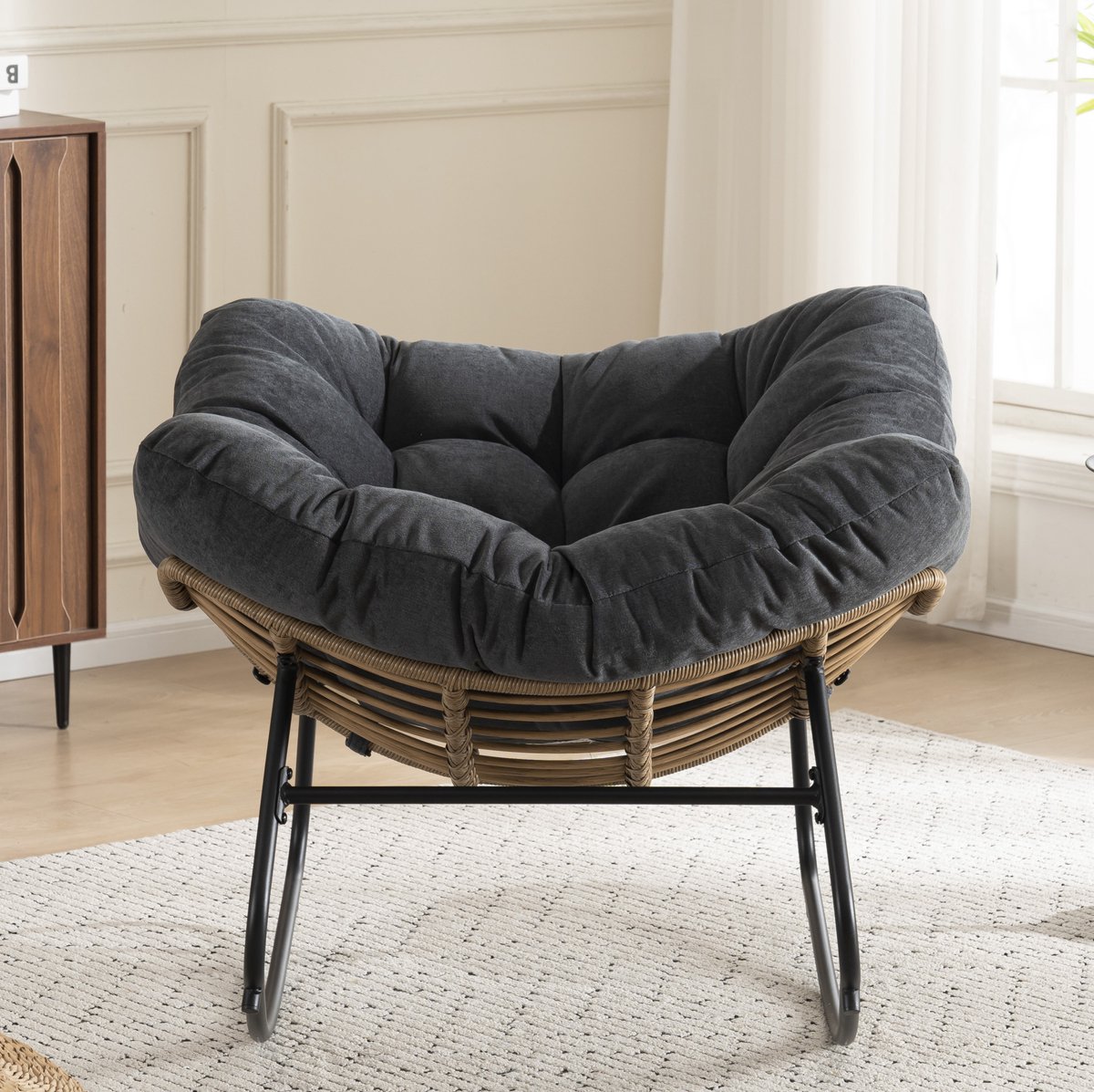 MEUNIQ Schommelstoel met chenille bekleding en metalen frame, 95 x 107 x 83 cm, zwarte ontspanningsfauteuil voor woonkamer en slaapkamer