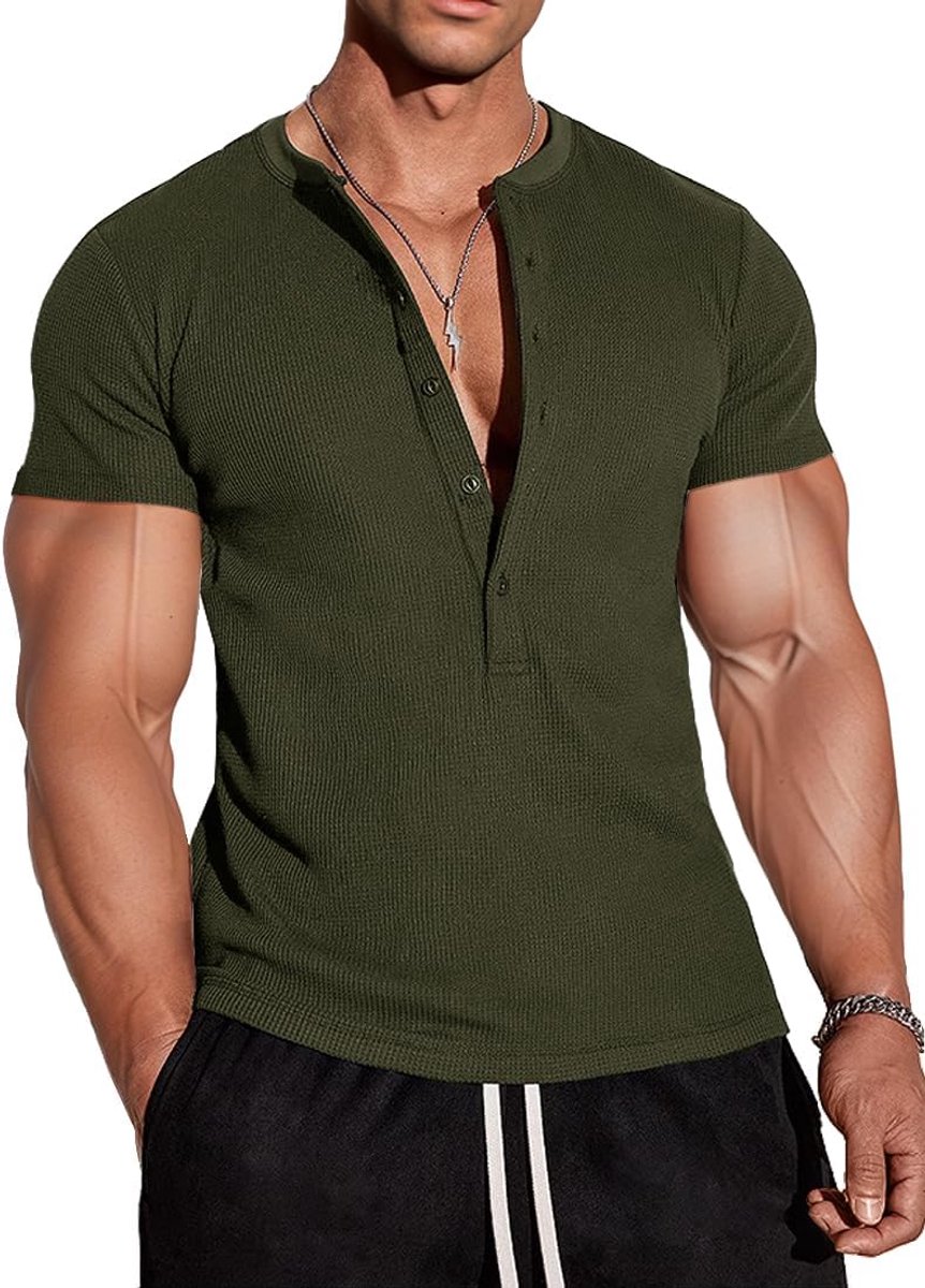 Cmdr Heren wafel-henley-overhemden, Casua Lange Mouwen T-shirt Casual 5-Knoopsluiting, Lange Mouwen Regualar Fit Stijlvol T-Shirt, Thermisch Ondergoed