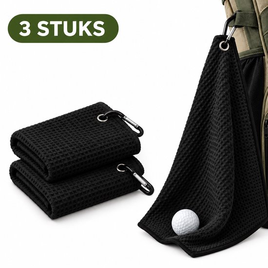 Set van 3 zwarte wafelstructuur handdoeken, waarvan één aan een golftas hangt met golfbal.