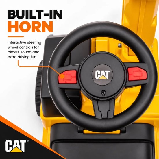Stuurwiel van gele loopauto met interactieve toeterknoppen en CAT-logo.