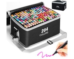 Markerset 204 Kleuren - Alcohol Stiften met Dubbele Punt - Professionele Tekenset voor Schrijven, Cartoon, Schaduwen en Ontwerpen - Inclusief Organizer Tas voor Creatieve Hobby