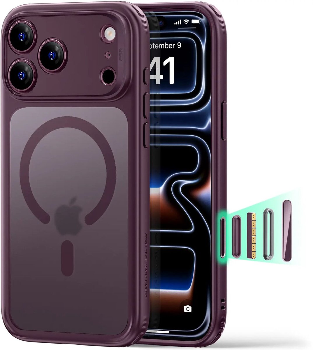 ESR Classic Hybrid HaloLock Hoesje Geschikt voor Apple iPhone 18 Pro / 17 Pro | Compatibel met MagSafe / Qi2 en HaloLock | Back Cover met Magneet | Cameraregelaar Control Knop | Burgundy
