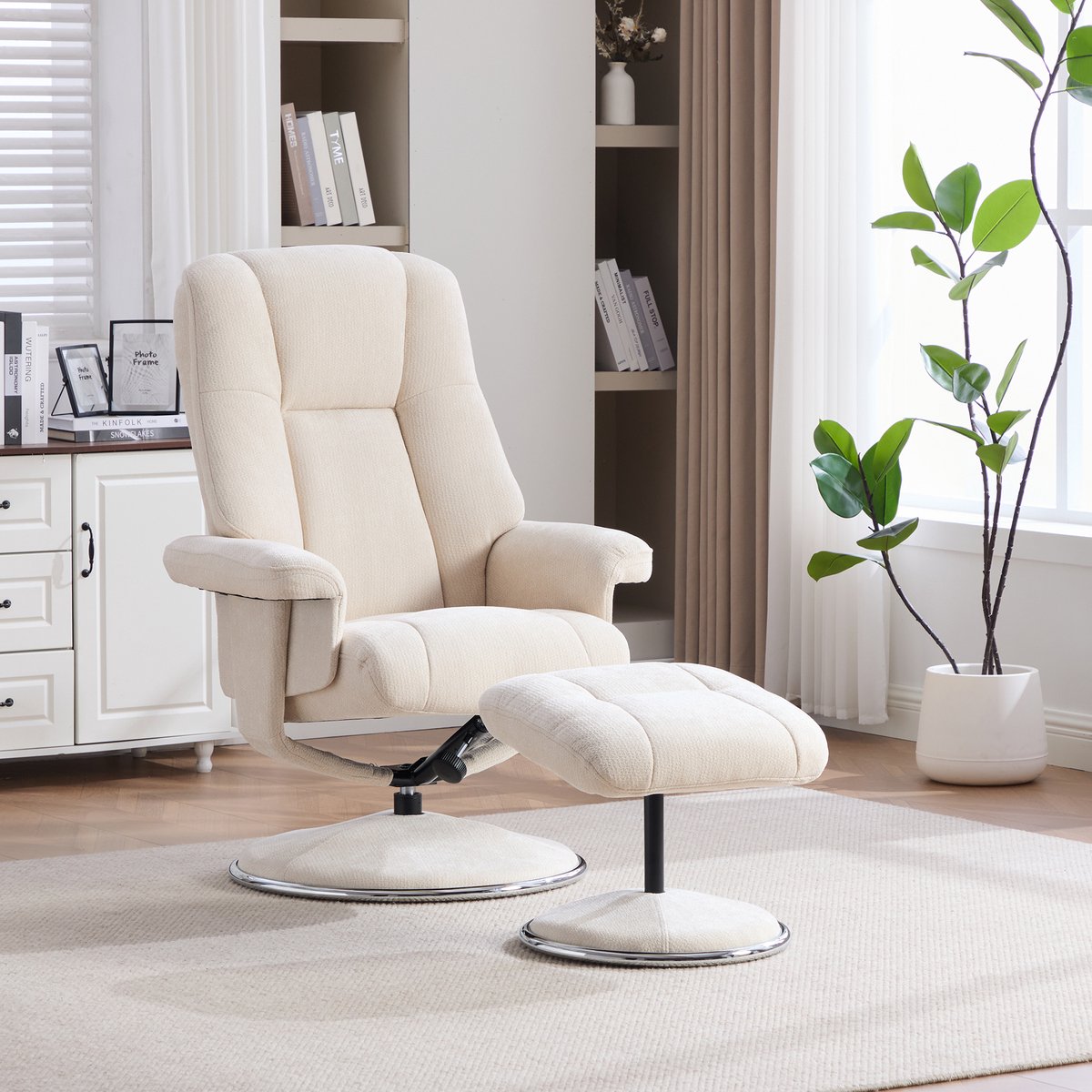 MEUNIQ Relaxfauteuil met hocker, 145° handmatig verstelbare rugleuning, 360° draaibaar, chenille en metalen onderstel, beige