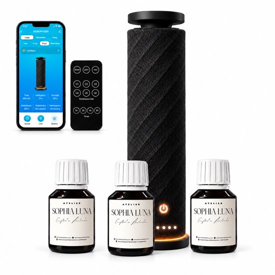 Zwarte diffuser met diamantpatroon, oranje basis, met smartphone, afstandsbediening en drie flesjes geurolie.