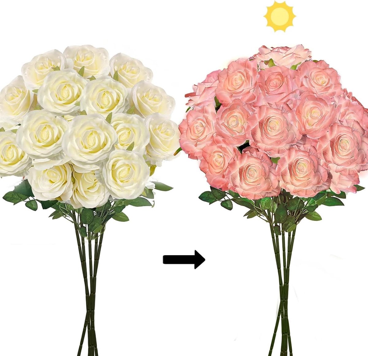 Kleurveranderende Kunstrozen Boeket - 5 Stuks 15 Bloemen (Champagne naar Roze), Real Touch Neprozen met Zonne-energie Activering voor Bruiloften en Thuisdecoratie (65cm)
