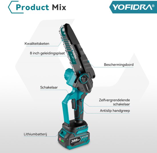 Yofidra Elektrisch Kettingzaag - 8 inch Kettingzaag - met 2x Accu's - Borstelloze Handkettingzaag - Automatische Kettingsmering — afbeelding 2