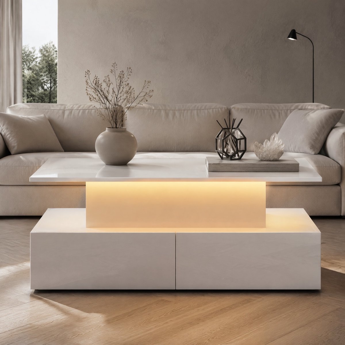 MEUNIQ Salontafel 90 x 55 x 41 cm met LED-verlichting, uitschuifbaar tafelblad, 4 druk-open lades en verborgen opbergruimte voor woonkamer, wit hoogglans