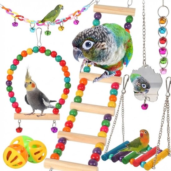 Collectie kleurrijk vogelspeelgoed: ketting, ladder, cirkel, schommel, spiegel, ballen.