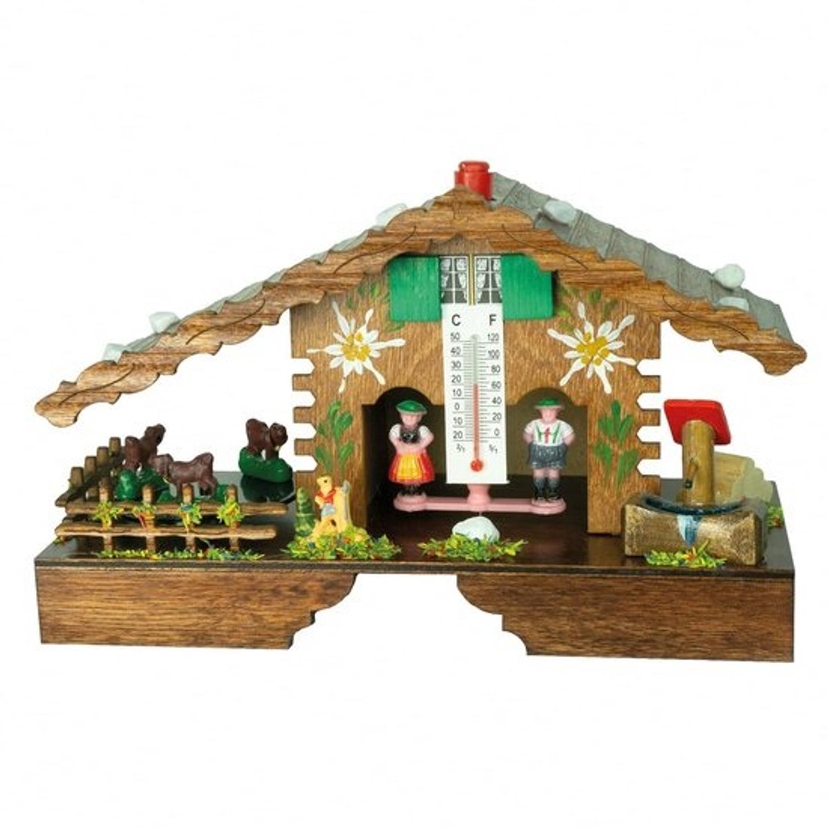 Weerhuis Houten Decoratie met Draaiende Koeien - Thermometer en Weerstation