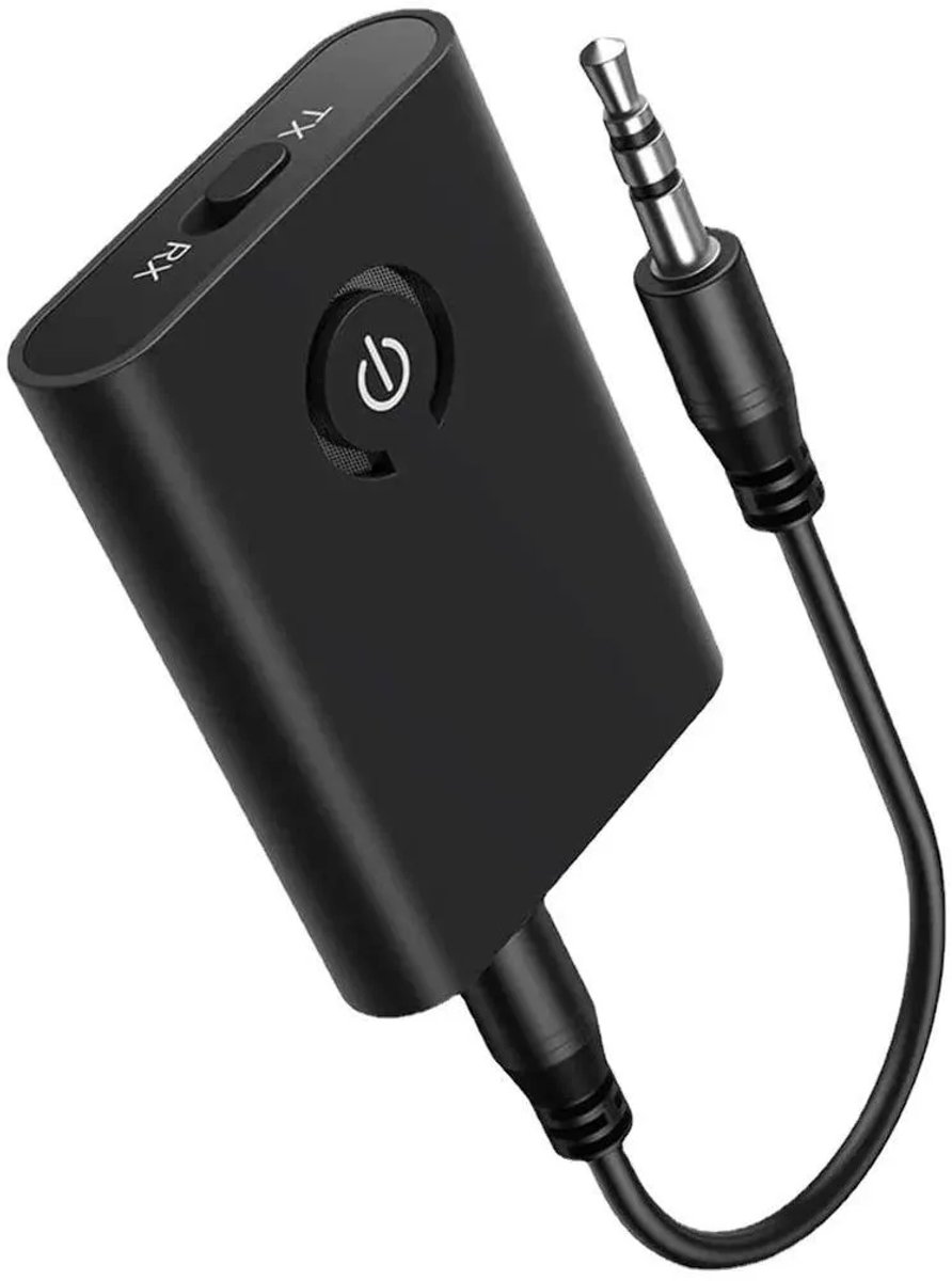 2-in-1 Bluetooth 5.3 zender en ontvanger draadloze audio-adapter, 3,5 mm jack, geschikt voor computer- en tv-luidsprekers, inclusief kabeladapter.