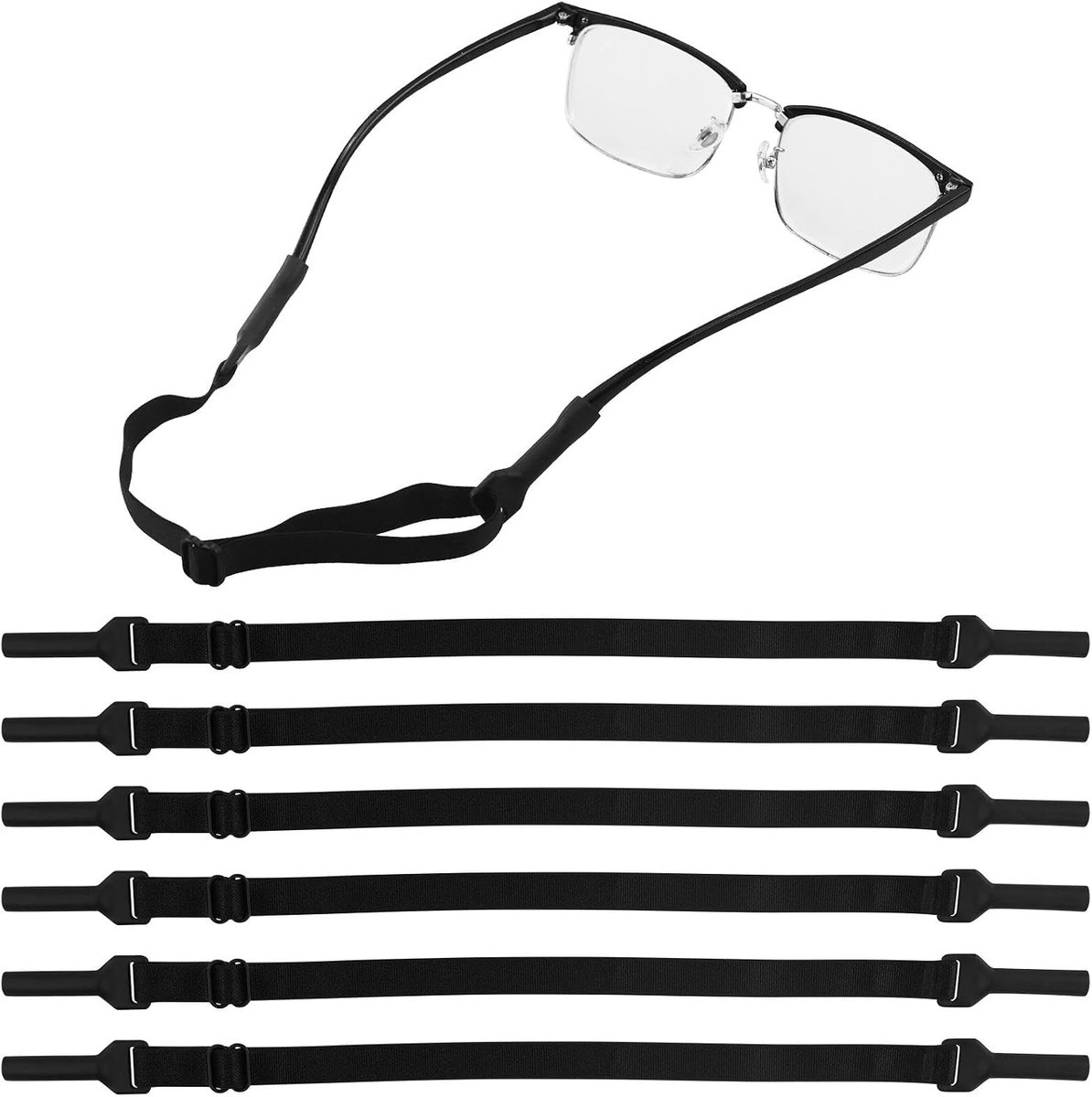 6 stuks verstelbare brillenbanden, geen staart, verstelbare brilhouder, brilband voor mannen, vrouwen, tieners, zwart, 210-330mm