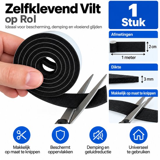 Zwart, zelfklevend vilt op rol, 1 meter lang en 2 cm breed, wordt op maat geknipt, beschermt oppervlakken en zorgt voor demping.
