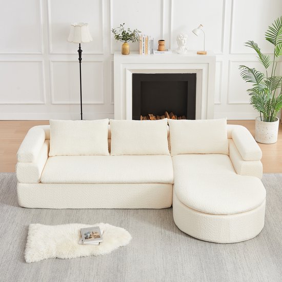 REDOM - Chaise longue - L-vormige 3-zits hoekbank - Chenillestof - Halfronde ligfunctie - Modern wolkendesign - Woonkamer - Beige - 260 x 170 x 65 cm REDOM - Chaise longue - L-vormige 3-zits hoekbank - Chenillestof - Halfronde ligfunctie - Modern wolkendesign - Woonkamer - Beige - 260 x 170 x 65 cm
