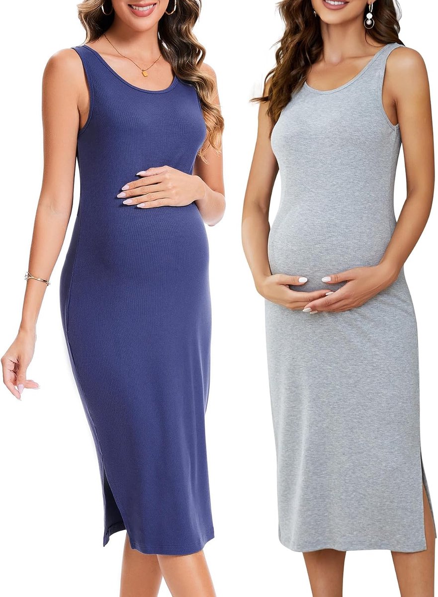 2 Pack Zwangerschapstankjurk Mouwloze Bodycon Zwangerschap Jurken Casual Uitsparing Materniteit Jurk voor Zomer
