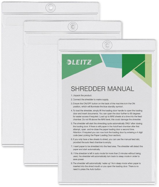 Drie Leitz A5 insteekmapjes met ophangoog, één mapje bevat de handleiding van de Leitz shredder.