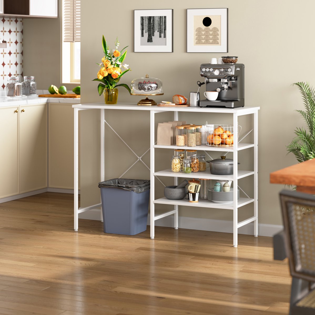 DESMIU Opbergtafel – Flexibel Combineerbaar – 120 x 40 x 85,5 cm – MDF en Metaal – Wit – Keuken en Woonkamer – X Vormige Versteviging