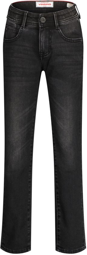 Zwarte jeans, vooraanzicht, met knoop- en ritssluiting en subtiele wassing.