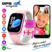 Roze kinder smartwatch met GPS, hartslagmeter, SOS-knop en 4G-videobellen. Tekst: Bellen, GPS Locatie, Veilig & Betrouwbaar, SOS Knop, Spatwaterdicht.