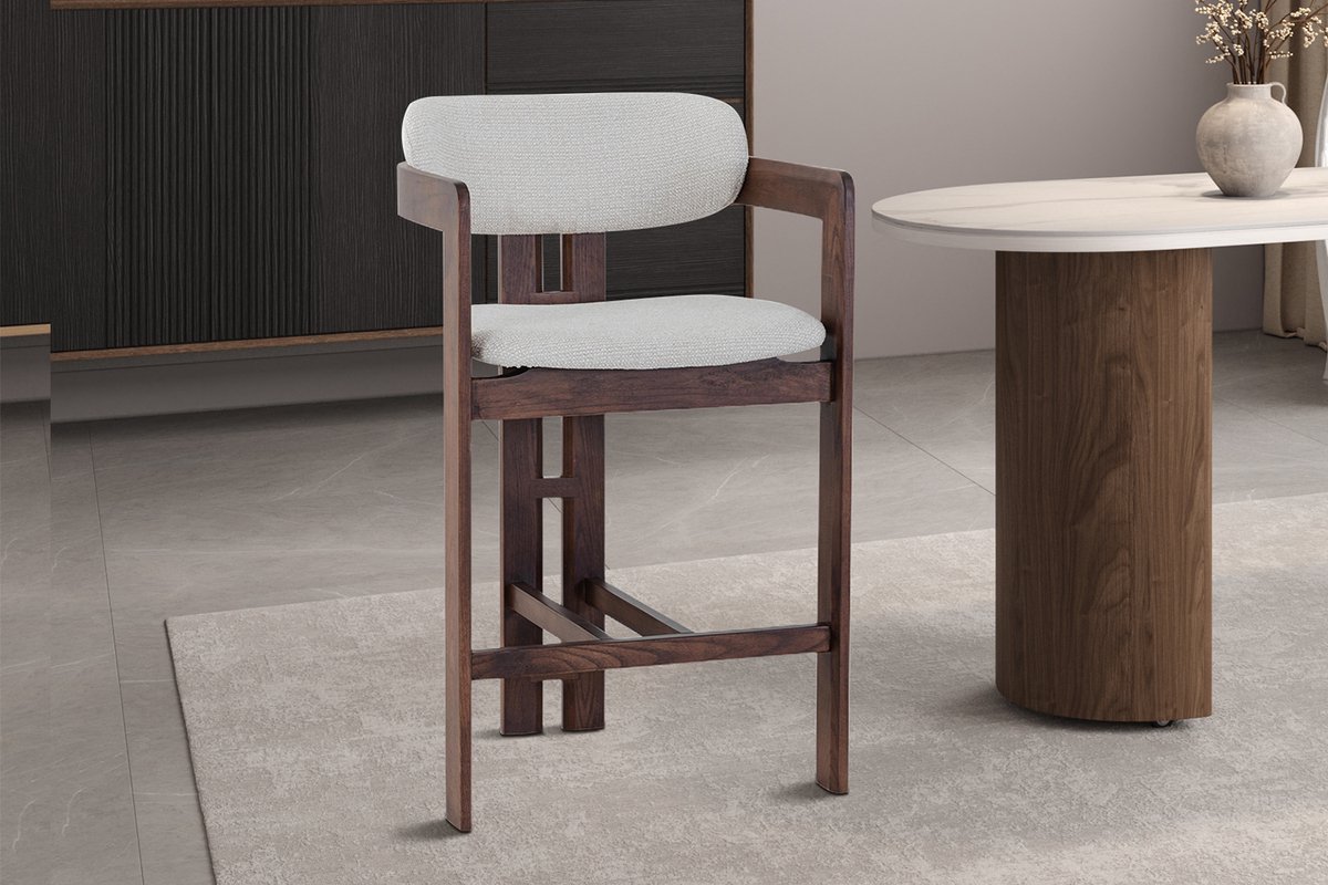 Barstoel Camille Walnoot – Keukeneiland 66 cm – Massief Essenhout – Beige Stof