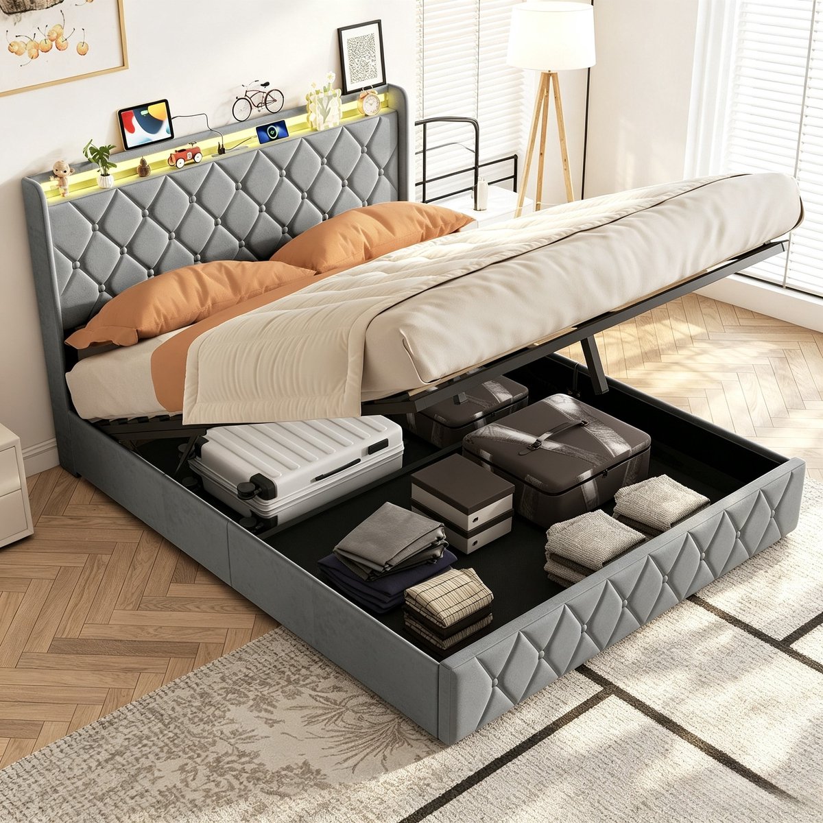 ROSAHQNDA Volwassen bed 160x200 cm, tweepersoonsbed met hydraulische opbergruimte, fluwelen hoofdbord met opbergvakken, gewatteerd donkergrijs, zonder matras