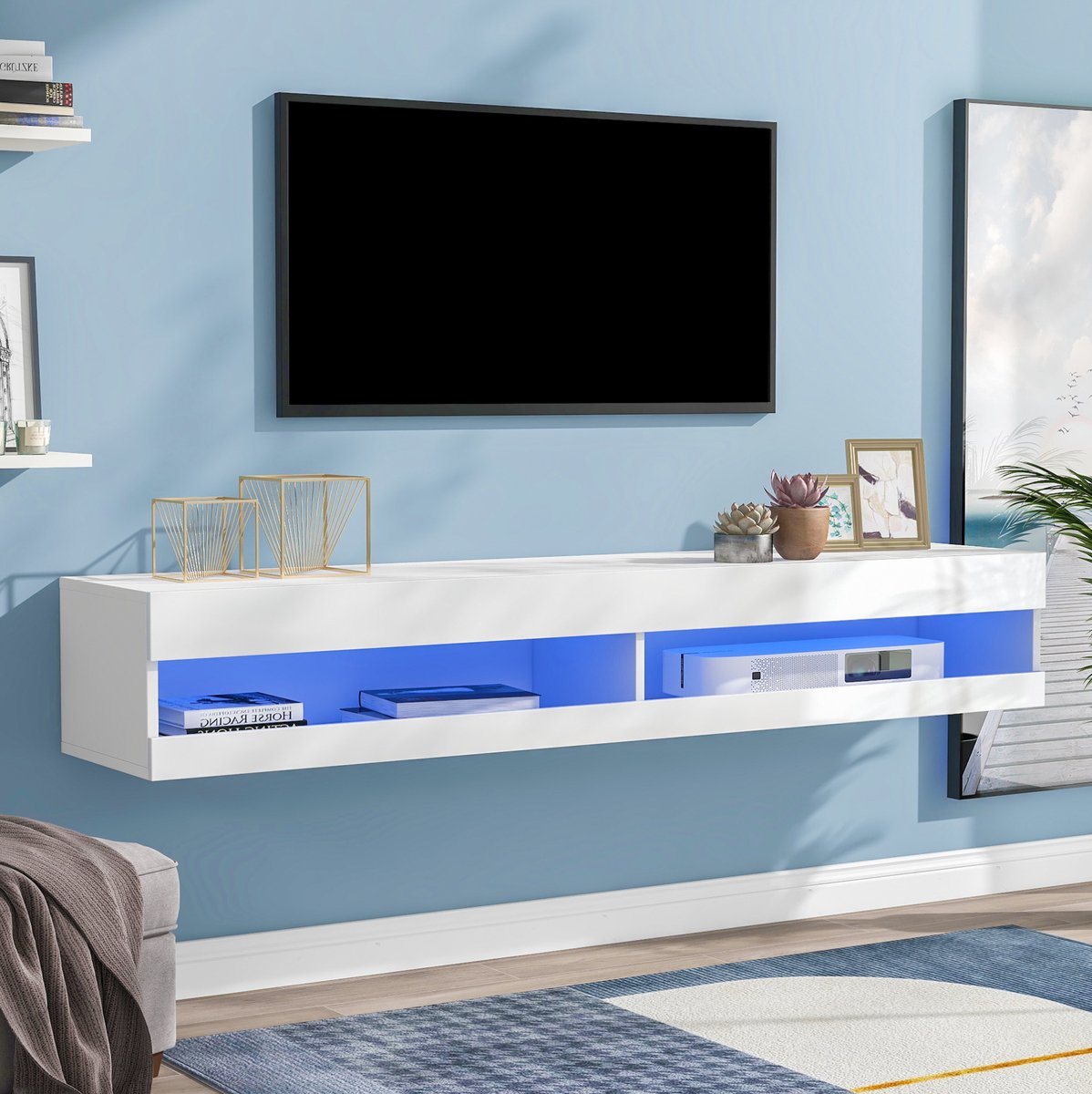 MEUNIQ Wandhangend tv-meubel 140 x 40 x 30,5 cm met app- en afstandsbedienbare ledverlichting, open vakken en hoogglans witte fronten voor woonkamer