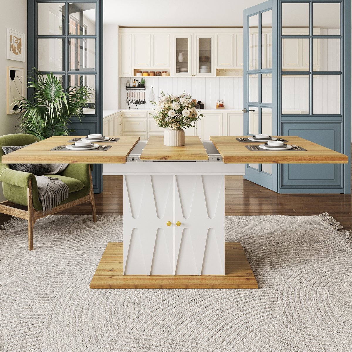 MEUNIQ Uitschuifbare eettafel 110-140 x 70 x 76,5 cm met opbergvakken, losse verlengplaat, reliëfdecor en houtlook blad voor keuken en woonkamer, wit