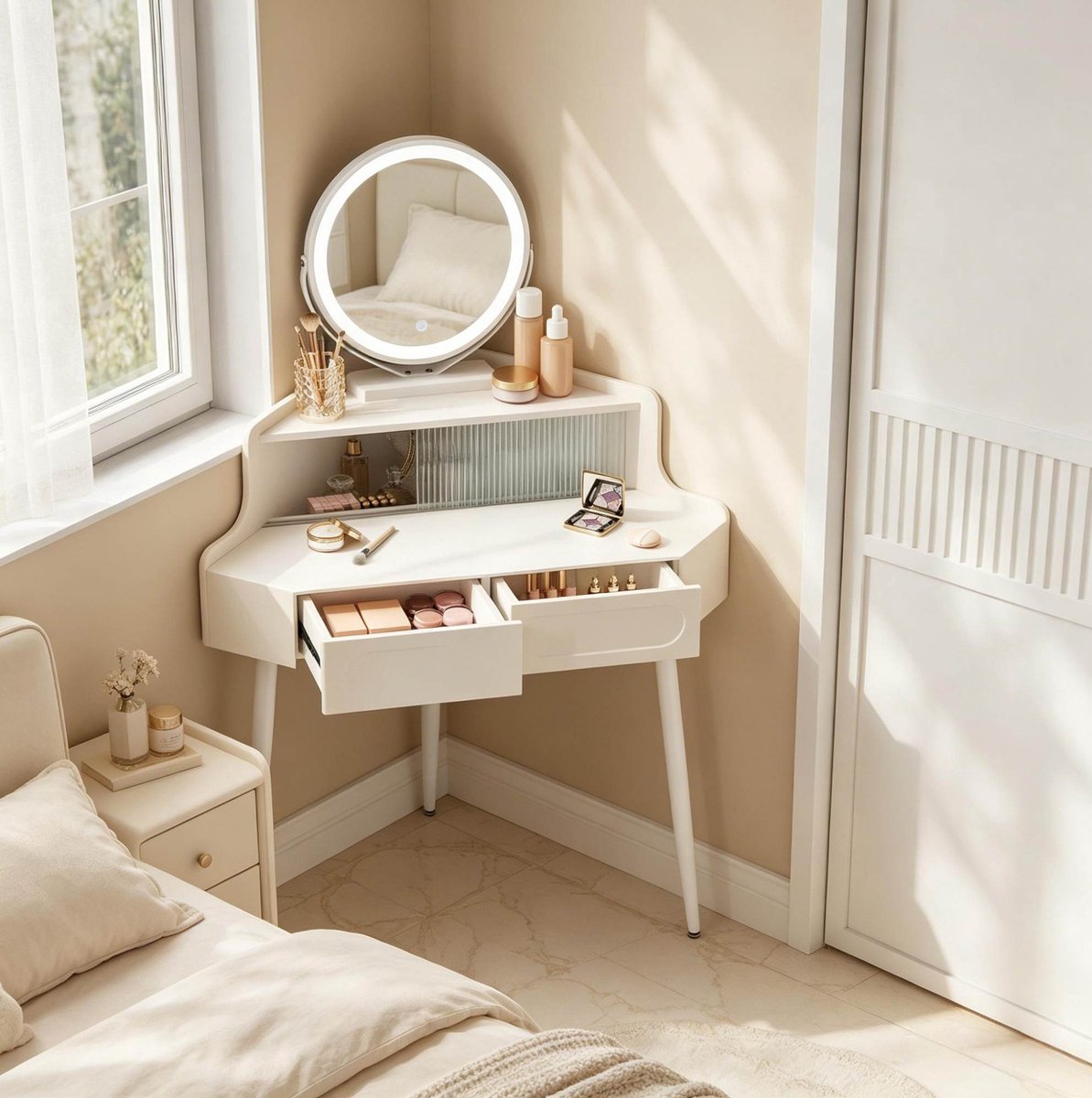 DESMIU Kaptafel – Hoekdesign Met Dimbare Ronde Spiegel – 99 Bij 63 Bij 139 Cm – MDF En Metaal – Wit – Met 2 Lades