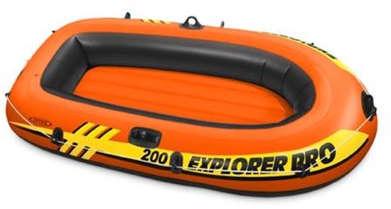 Oranje opblaasboot Intex Explorer Pro 200 met gele strepen en zwarte rand.