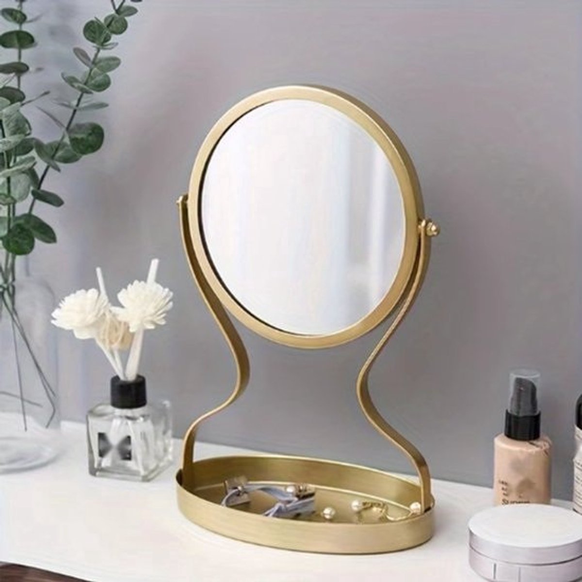 Collox Make-up spiegel - Met sieraden bakje - Omslag - Scandinavische stijl - Schoonheidsspiegel - Goud - 18,5 x 11,5 x 28 cm