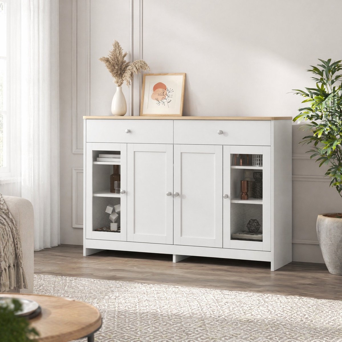 MEUNIQ Buffetkast 120 x 37 x 80 cm met 4 deuren, 2 lades, glazen deuren en verstelbare planken – landelijk sideboard voor eetkamer of woonkamer – wit en houtkleur