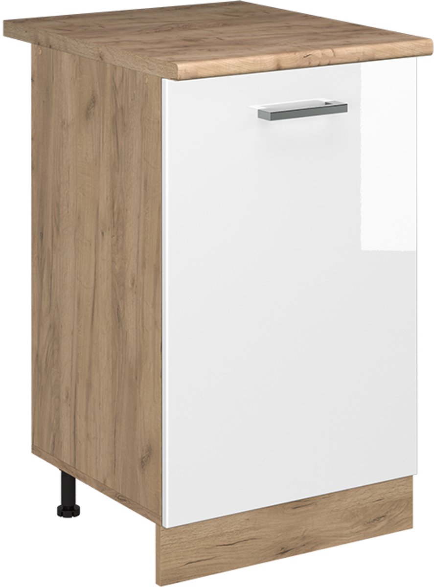 Vicco Keukenonderkast R-Line, Wit Hoogglans/Goudkleurig Eiken, 50 cm goudkleurig eiken werkblad
