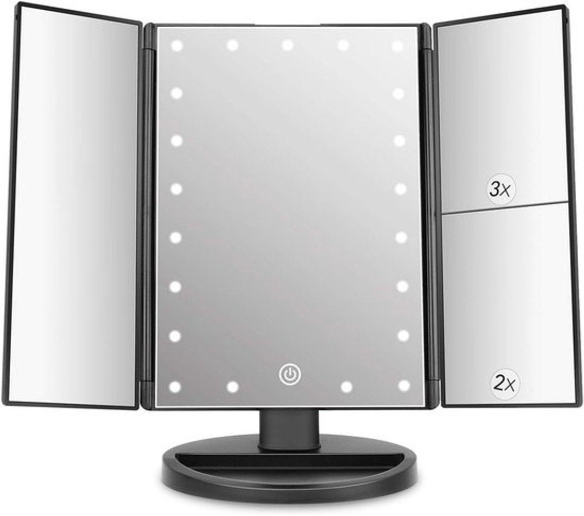 Make up spiegel met verlichting-Driedelige spiegel met 21 led-lampen-touchscreen-schakelaar-tafelspiegel met batterij en USB verkrijgbaar