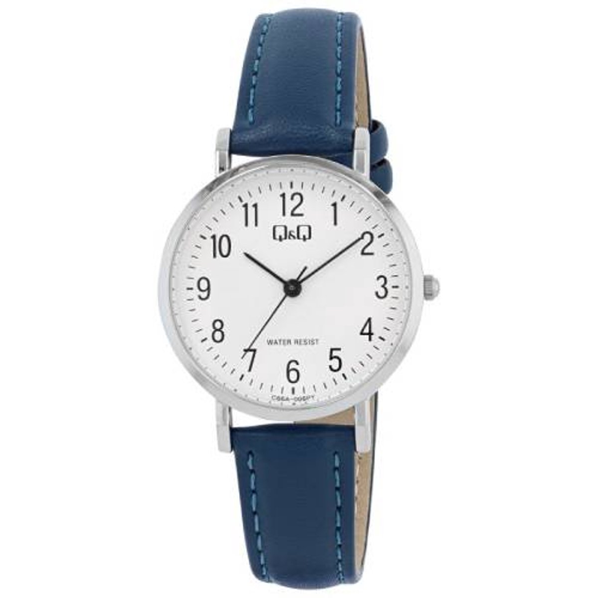 Q&Q -horloge-dames-rond-donkerblauw leder-duidelijke wijzerplaat-3 atm-diameter 31 mm