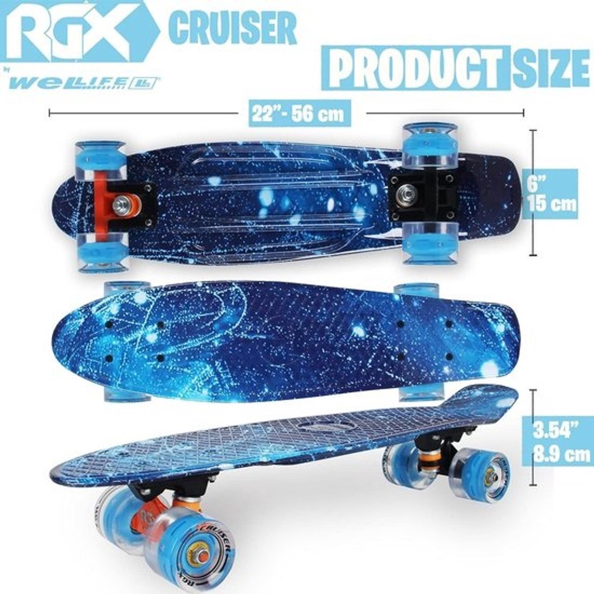 Minicruiser Skateboard RGX 22 inch - Skateboard voor kinderen en volwassenen - LED Verlichting en PU 78A Wielen