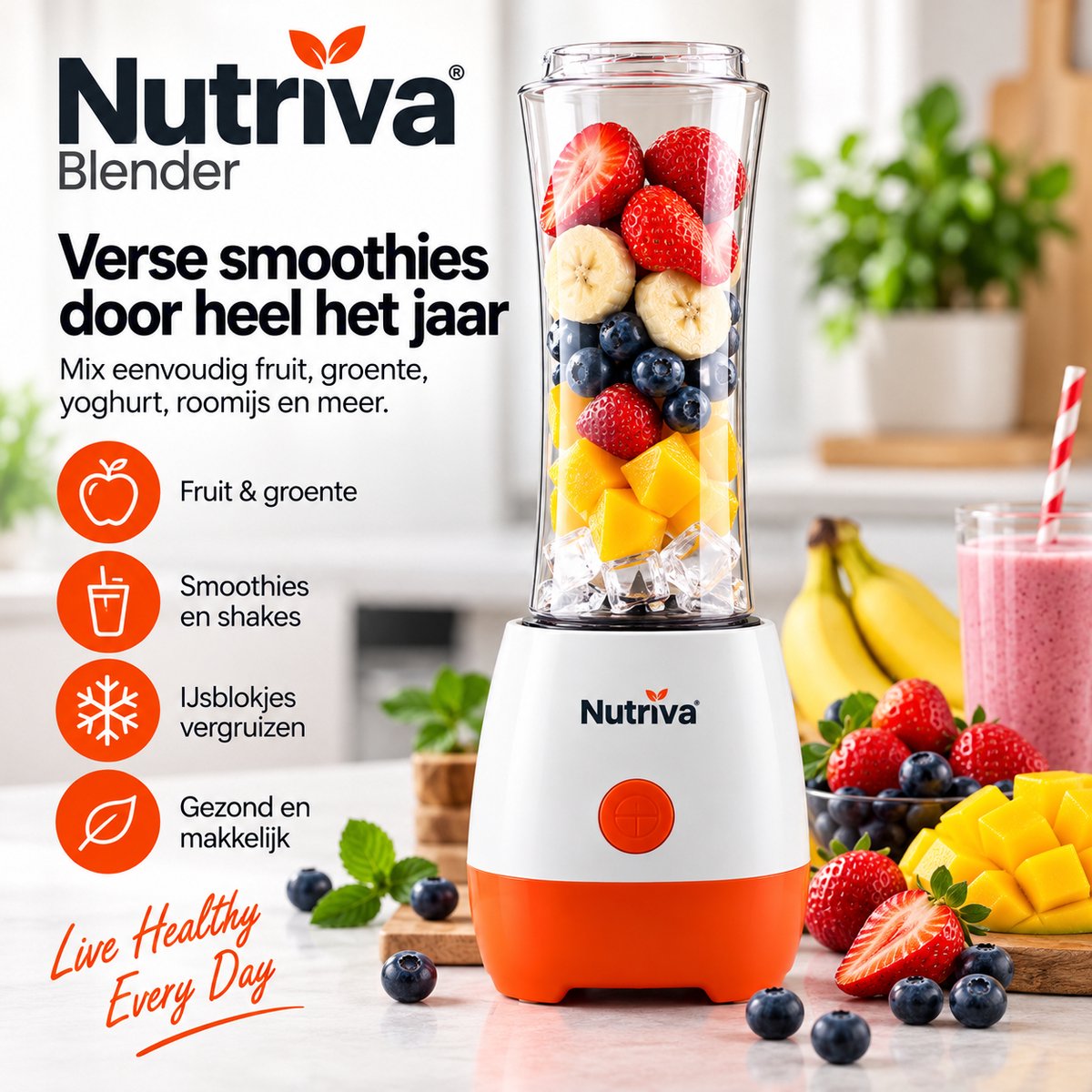 Nutriva Blender - Smoothie Blender - 600 ml - IJscrusher - Met Drinkdeksel - Voor Fruit & Groente - Op Netstroom