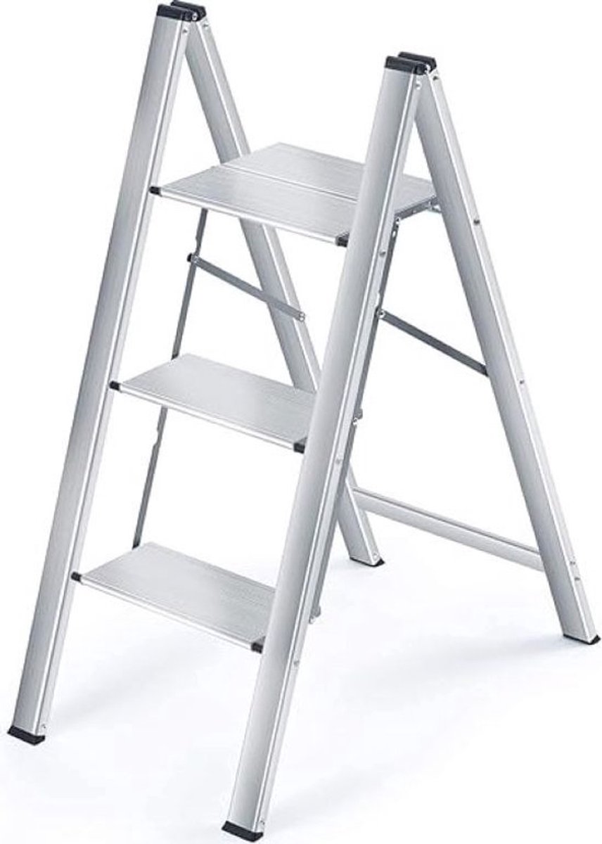 trapladder met 3 treden-Aluminium Vouwladder Draagbare Slanke Opstapkruk Antislip Veiligheid-Opstapje Inklapbaar Trapje Opvouwbaar Huishoudelijke Stap Ladder voor-Zilver