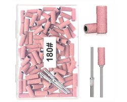 Een set van 100 nagelpolijstringen - korrelgrootte 180 - voor boortjes van 3/32 inch - voor het polijsten van mini-ringen - roestvrijstalen spindel - roze.