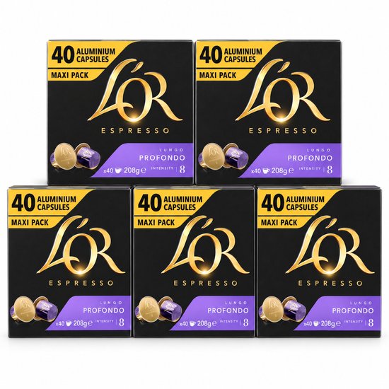 L'OR Espresso Profondo koffiecups, maxi pack van 40 stuks, met 5 dozen.