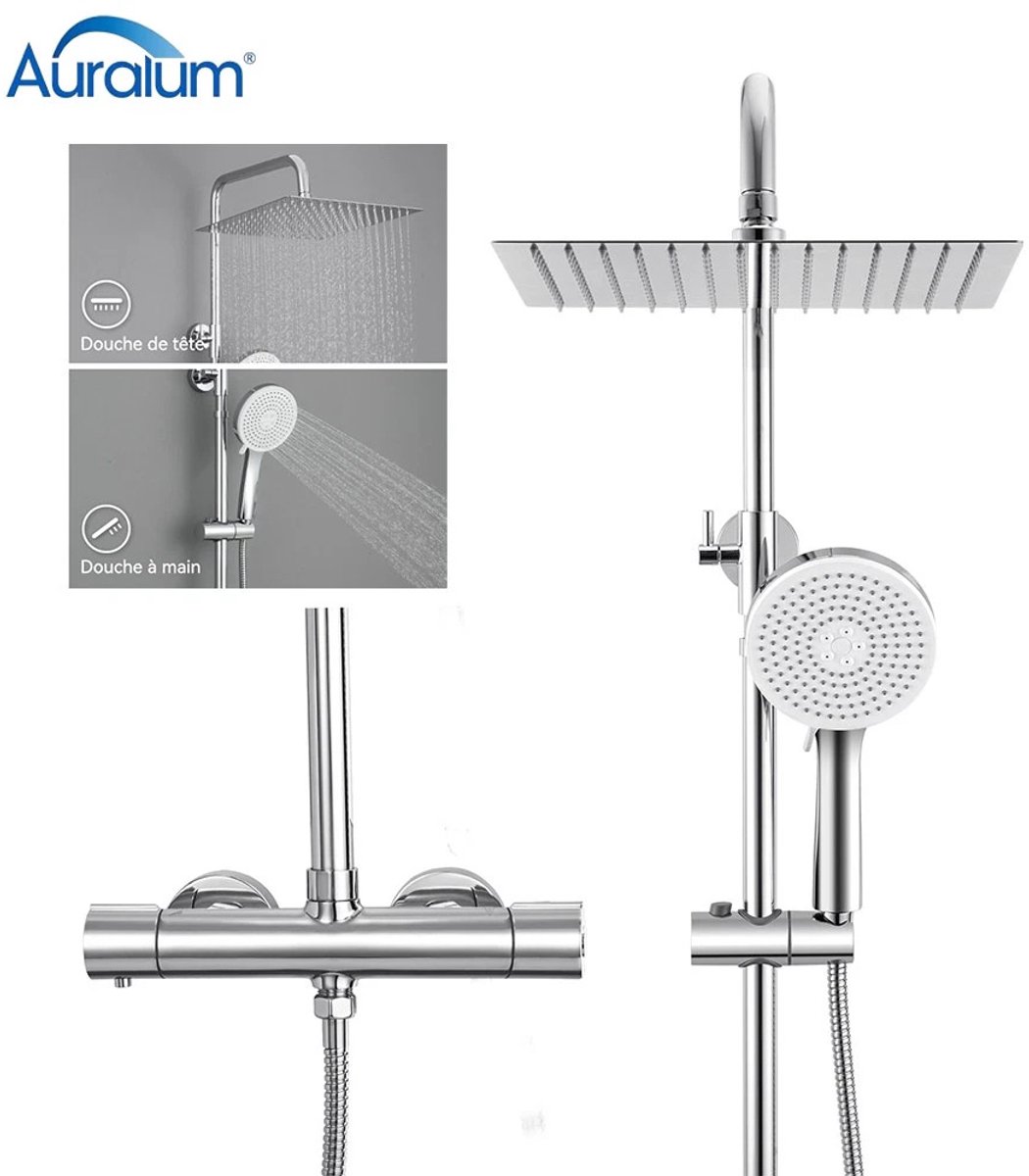 Auralum Max Regendouche met thermostaatkraan - RVS Doucheset - Ø 30 cm Douchekop - Handdouche Met 5 standen - Inclusief Thermostatische Mengkraan - Waterbesparend - Chroom