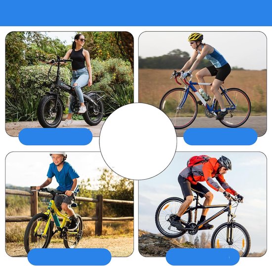Een collage met diverse fietsers en hun fietsen in verschillende landschappen. Een ronde witte ruimte is centraal geplaatst.