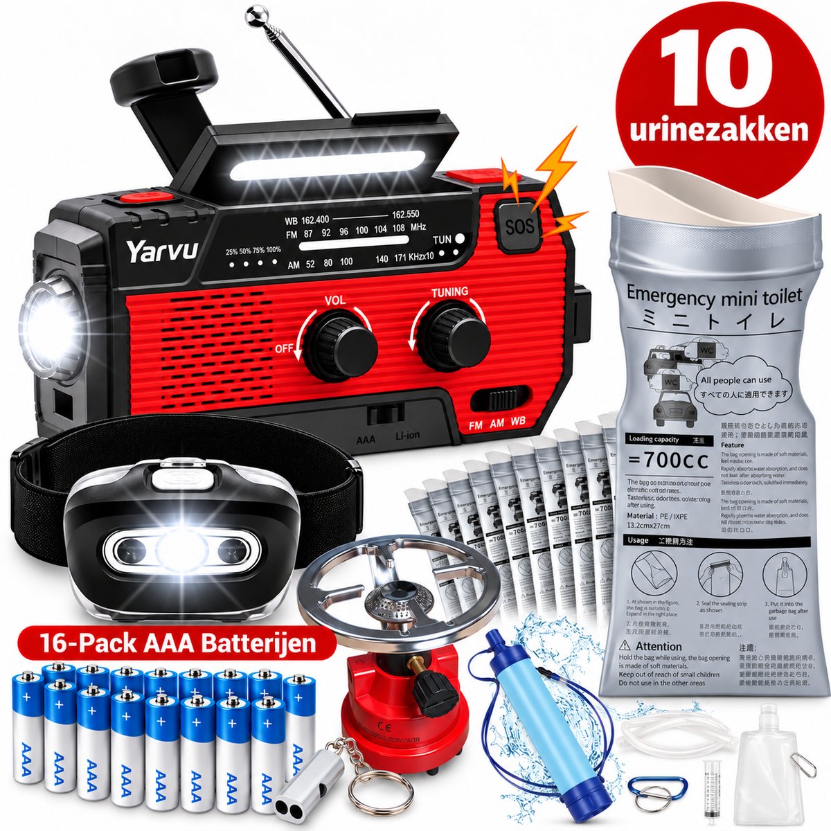 Noodpakket - Noodradio op Batterijen + HoofdLamp LED op Batterijen + Waterfilterset + 10 Urinezakken + 16 Pack aaa Batterijen + Gasbrander + Noodfluit - Nood pakket - 6 in 1 Nood Radio - SOS - Rood