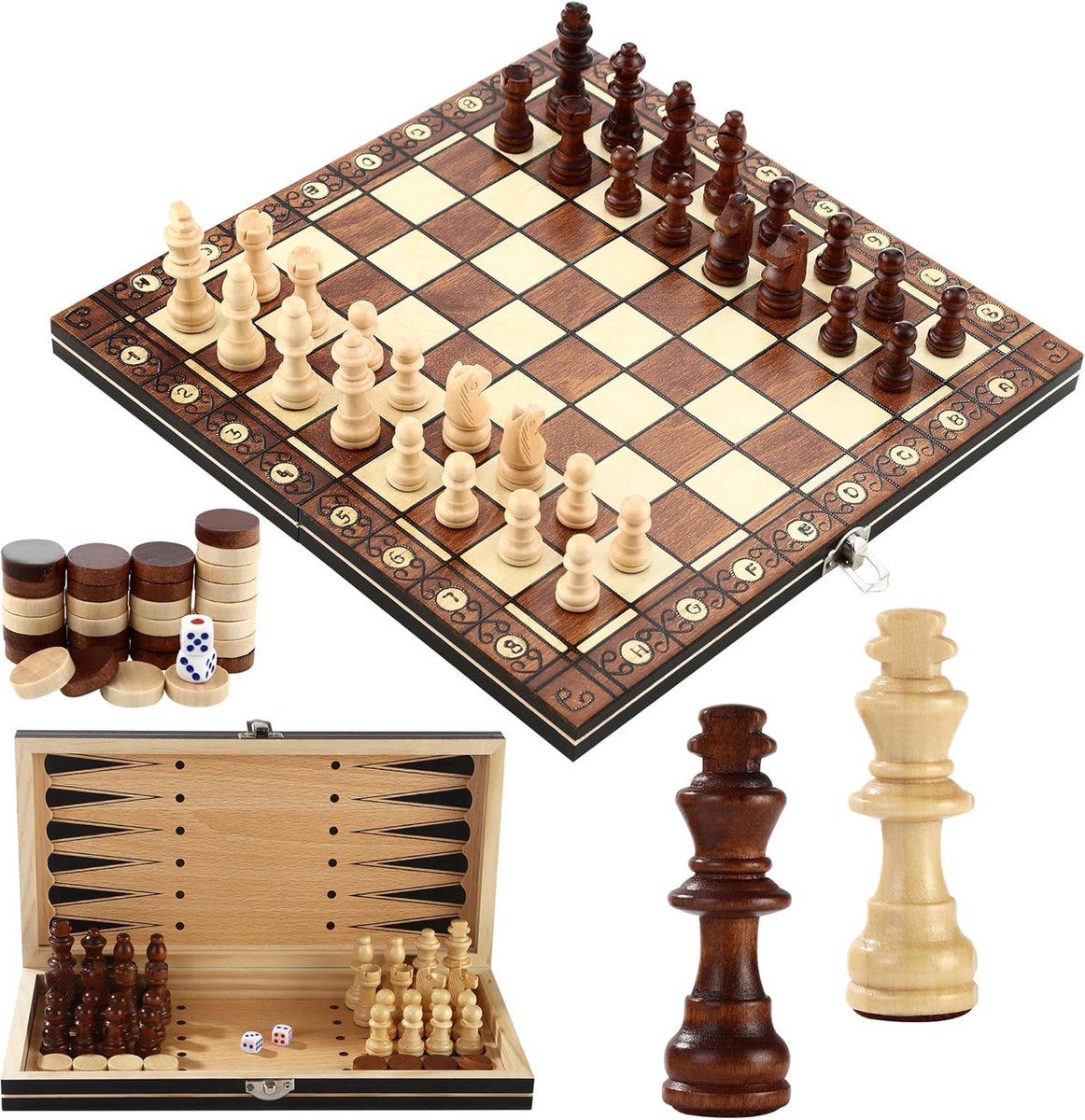 Magnetisch Schaakspel – 29 cm Houten Bord – Diverse Spelopties En Verfijnde Gravure – Bevordert Logisch Denken En Concentratie – Draagbaar Speelgoed Voor School En Onderweg
