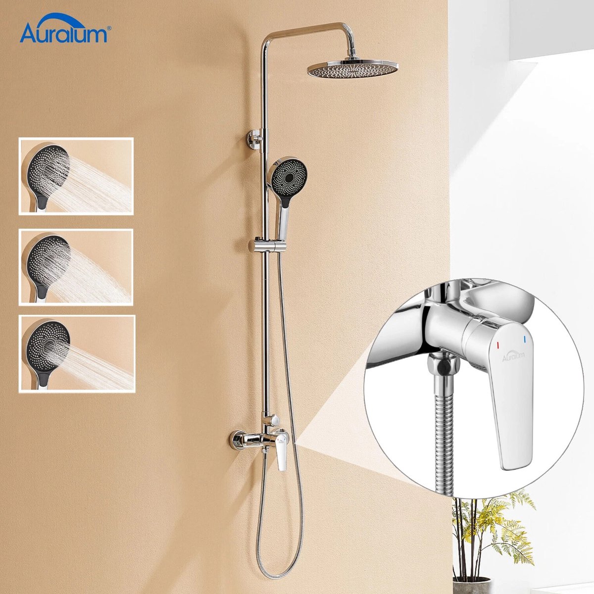 Auralum Max Regendouche met Mengkraan - RVS Doucheset - 10 inch Douchekop - Handdouche Met 3 Standen - Verstelbare Hoogte 103-139 cm - Douchesysteem - Waterbesparend - Chroom