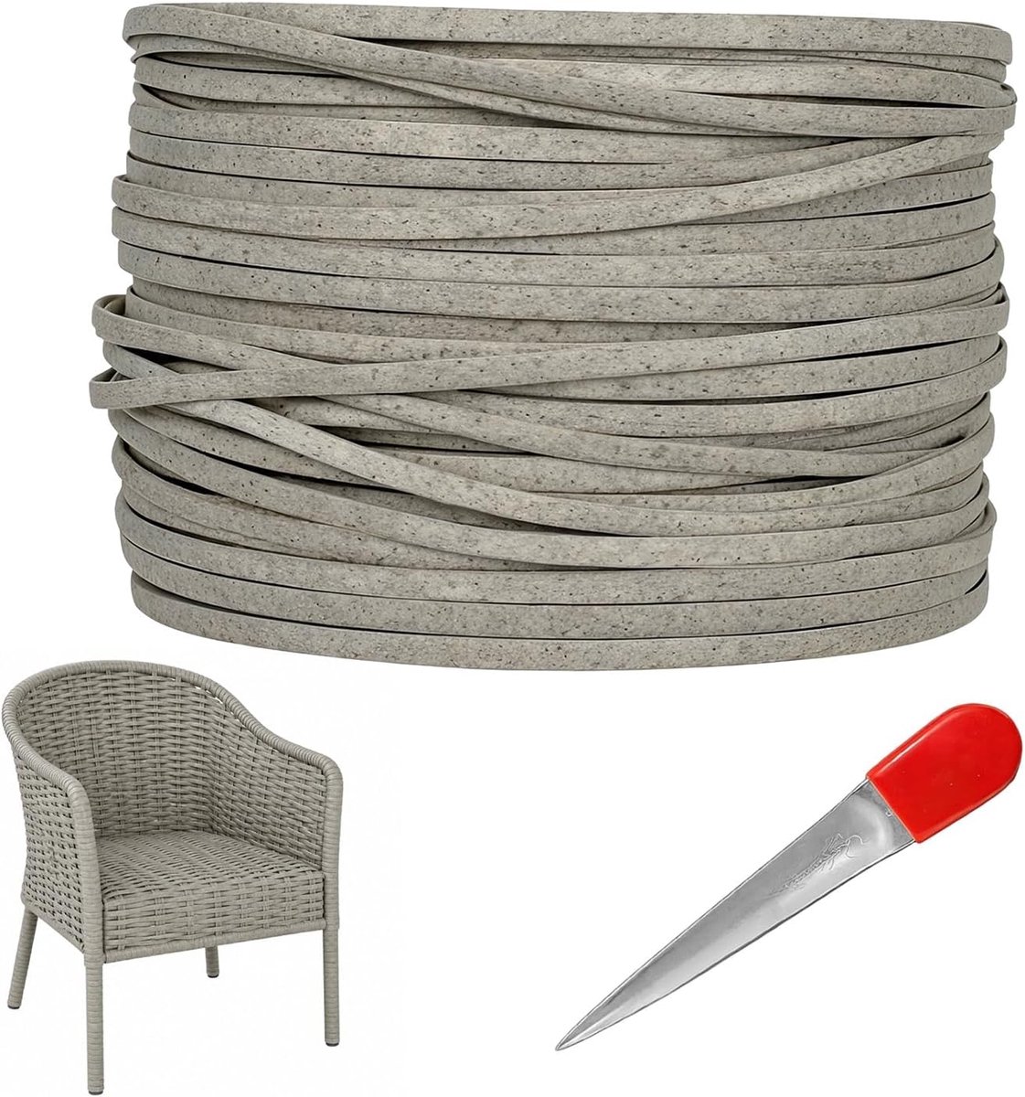 130 m kunststof gevlochten rotan, plat geweven PE-rotan met weefgereedschap voor reparatie van tuinmeubelen, synthetisch rotan reparatiemateriaal voor rotanstoelen, zitmeubels en manden (linnenkleur)