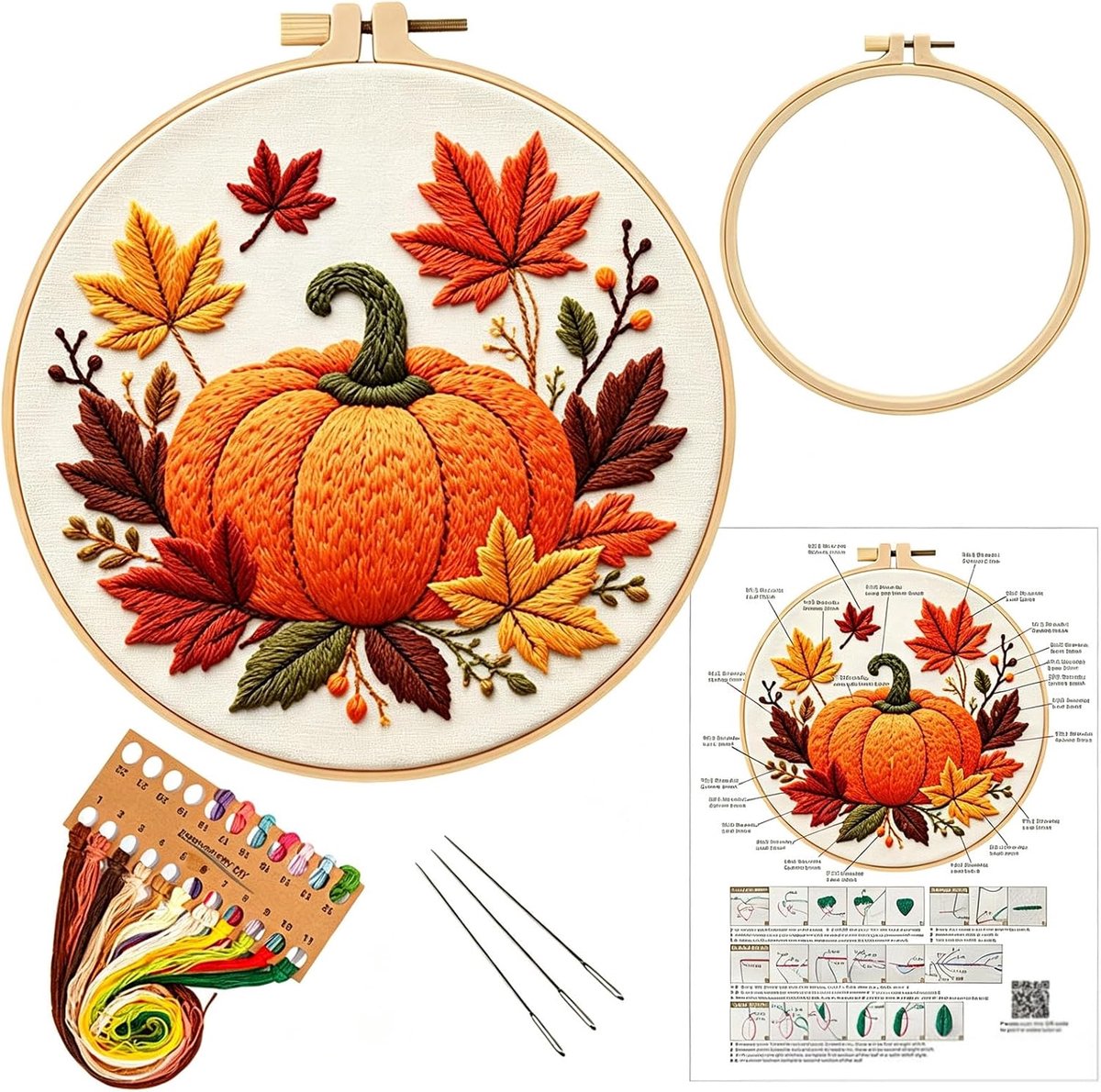 Beyinkoy-borduurpakketten met pompoenen, Halloween-borduurpakket met herfstbladeren inclusief borduurring, garen en naalden, doe-het-zelf-borduurpakket voor beginners, borduurring van 20 cm (CX1386)
